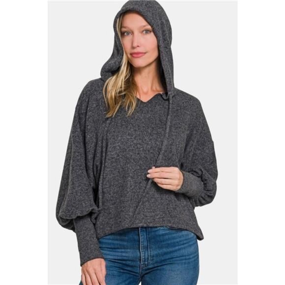 Zenana Brushed Hacci Drop Shoulder Cropped Hoodie - Picture 2 of 3